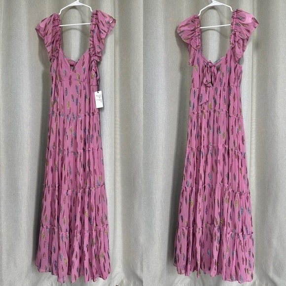 Saylor NWT Kira Metallic Pink Leaves Tiered Sleeveless Maxi Dress M - Picture 3 of 13